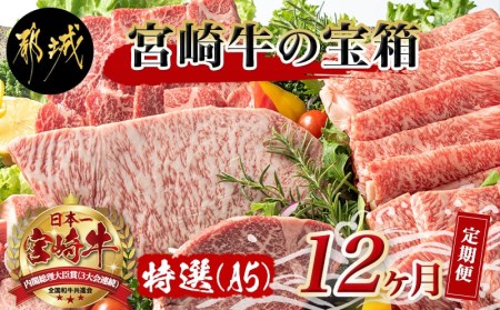 特選(A5)宮崎牛の宝箱 (12ヶ月定期便)_TAH12-0101_(都城市) 宮崎牛 5等級 12ヶ月定期便 サーロイン芯スライス モモスライス シャトーブリアンステーキ 特上モモステーキ ロース焼肉用 ヒレステーキ