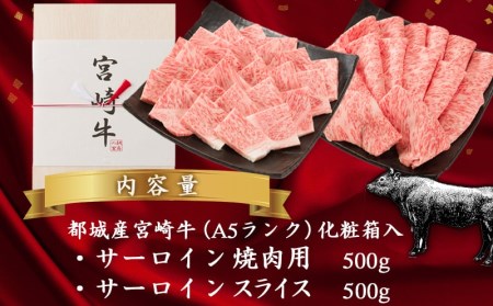 【A5】宮崎牛サーロイン焼肉×スライスギフト1kg【化粧箱入り】_AI-0102_(都城市) 最高級A5ランク 宮崎牛サーロイン 焼き肉用 サーロインスライス 各500g 木製化粧箱 牛肉 食べ応え ギフト 贈答用