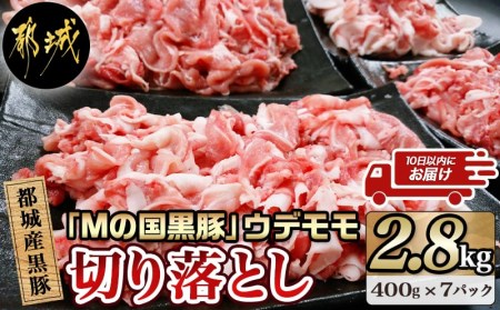 都城産黒豚「Mの国黒豚」切り落とし2.8kg≪みやこんじょ特急便≫_MJ-0108-Q_(都城市) 豚肉2.8キロセット ウデモモ 切り落とし ブランド豚 切落とし肉 400g×7パック 銘柄豚 豚肉セット 小分け パック