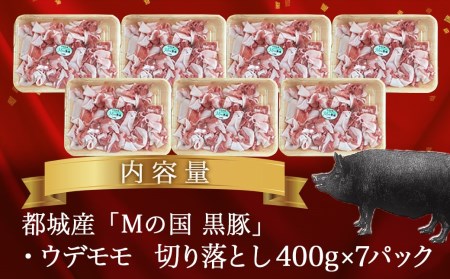 都城産黒豚「Mの国黒豚」切り落とし2.8kg≪みやこんじょ特急便≫_MJ-0108-Q_(都城市) 豚肉2.8キロセット ウデモモ 切り落とし ブランド豚 切落とし肉 400g×7パック 銘柄豚 豚肉セット 小分け パック