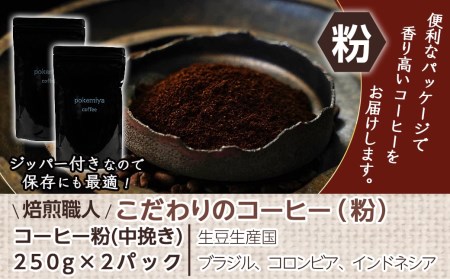 焙煎職人こだわりのコーヒー【粉】500g 小分けパック(ジッパー・バルブ付) ※中深煎り※_LC-3301_(都城市) コーヒー粉 250g×2パック 少量パック ジッパー・バルブ付き 保存に便利 ポスト投函 珈琲