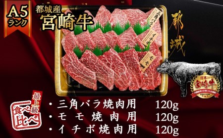 【A5】宮崎牛焼肉3種食べ比べセット【三角バラ・イチボ・モモ】_AC-0110_(都城市) 都城産宮崎牛 A5 三角バラ焼肉用 モモ焼肉用 イチボ焼肉用 各120g 1トレー盛り合わせ 焼肉