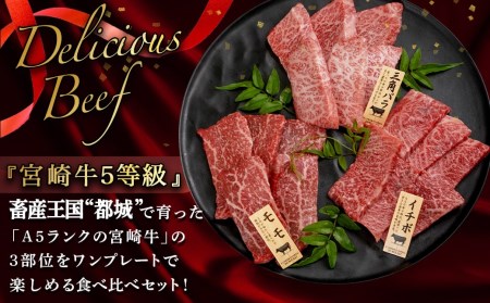 【A5】宮崎牛焼肉3種食べ比べセット【三角バラ・イチボ・モモ】_AC-0110_(都城市) 都城産宮崎牛 A5 三角バラ焼肉用 モモ焼肉用 イチボ焼肉用 各120g 1トレー盛り合わせ 焼肉