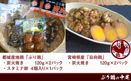 地鶏「ぶり鶏」＆日向鶏 炭火焼きセット_MJ-9306_(都城市) 都城産地鶏「ぶり鶏」炭火焼き(120g×2)/スタミナ卵(4個パック) 宮崎県産地鶏「日向鶏」炭火焼き(120g×2) 平飼いブランド鶏 