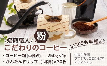 焙煎職人こだわりのコーヒー【粉】250g 小分けパック(ジッパー・バルブ付) 中深煎り※ポスト投函≪かんたんドリップ30枚付≫_LB-3301_(都城市) コーヒー粉 250g×1パック 少量パック ドリップ ジッパー・バルブ付き 保存に便利 中挽き ポスト投函 珈琲