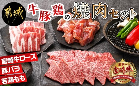 牛・豚・鶏の焼肉セット(宮崎牛ロース肉・豚バラ肉・若鶏もも肉)_AC-I601_(都城市) 宮崎県産宮崎牛 ロースまたは肩ロース肉 宮崎県産豚 バラ肉 国産若鶏 もも肉 焼肉用