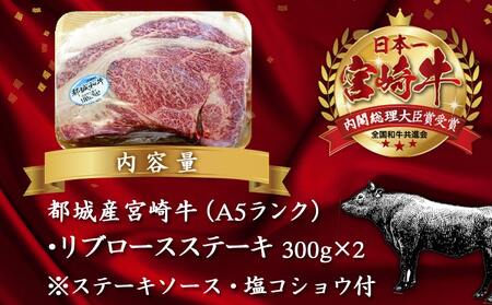 宮崎牛(A5)リブロースステーキ300g×2枚≪みやこんじょ特急便≫_AD-0103-Q_(都城市) 5等級 ステーキ用肉 300g×2枚セット ブランド牛肉 ブランド国産黒毛和牛 脂の旨味 ギフト 贈答用