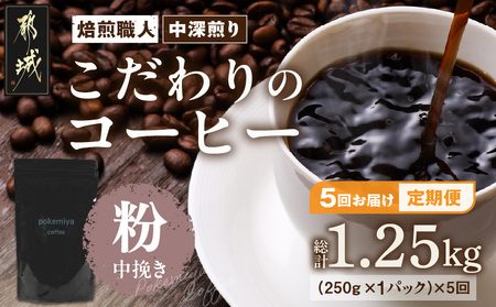 5回お届け!焙煎職人こだわりのコーヒー定期便【粉】250g 小分けパック(ジッパー・バルブ付) ※中深煎り※ポスト投函_TLA5-3301_(都城市) レギュラーコーヒー コーヒー粉 250g×1パック 少量パック ジッパー付き ポスト投函 珈琲 5ヶ月定期便