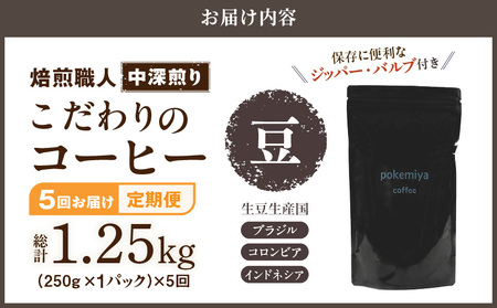5回お届け!焙煎職人こだわりのコーヒー定期便【豆】250g 小分けパック(ジッパー・バルブ付) ※中深煎り※ポスト投函_TLA5-3302_(都城市) 毎月