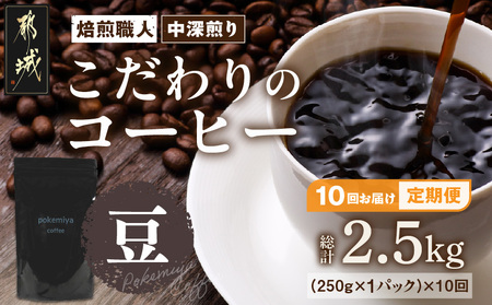 10回お届け!焙煎職人こだわりのコーヒー定期便【豆】250g 小分けパック(ジッパー・バルブ付) ※中深煎り※ポスト投函_TLA10-3302_(都城市) コーヒー豆 250g×1パック 少量パック ジッパー・バルブ付き ポスト投函 珈琲 全10回 毎月お届け 定期便
