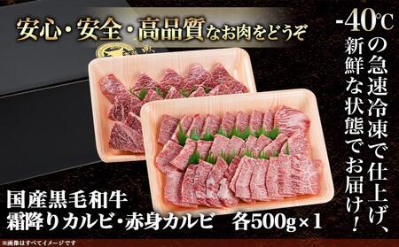 【黒毛和牛】霜降りカルビ&赤身カルビ1kg焼肉セット_AD-4202_(都城市) 国産 黒毛和牛 和牛 霜降り 赤身 カルビ 1kg 