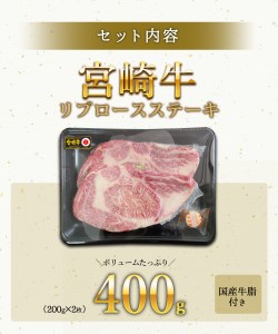 宮崎牛 リブ ロース ステーキ 合計400g 黒毛和牛 肉質等級 4等級以上　N0136-ZA814