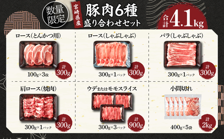 【令和7年2月配送】数量限定 豚肉 6種 盛り合わせ セット 合計4.1kg 豚 小分け 豚バラ 豚ロース 豚こま 国産 食品 人気 おかず 焼肉 しゃぶしゃぶ 豚丼 食べ比べ 料理に大活躍 使い勝手抜群 選べる配送月 ミヤチク 送料無料_CA51-24-02