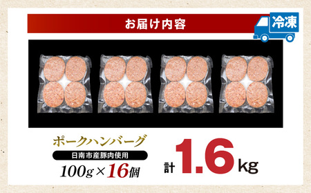 ポークハンバーグ 計1,600g (100g×16個) お肉 日南市産豚肉使用 豚 食品 おかず お弁当 おつまみ 惣菜 簡単調理 国産 BBQ 鉄板焼き ハンバーガー ロコモコ丼 小分け お祝い 記念日 ギフト おすすめ お取り寄せ グルメ 冷凍 宮崎県 送料無料_BA85-24