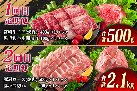 【令和7年2月から毎月配送】5か月定期便 月替わりで堪能!! 牛肉 豚肉 焼肉 セット 豚バラ 肩ロース モモ ウデ 総重量5.6kg 国産 食品 おかず BBQ バーベキュー 小分け 宮崎牛 黒毛和牛 小間切れ 赤身 A4 A5 高級 グランピング お弁当 おすすめ 人気 宮崎県 日南市 送料無料_IG3-23-A