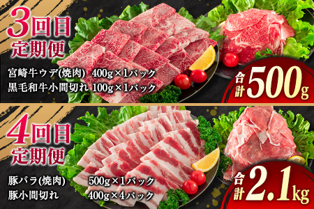 【令和7年2月から毎月配送】5か月定期便 月替わりで堪能!! 牛肉 豚肉 焼肉 セット 豚バラ 肩ロース モモ ウデ 総重量5.6kg 国産 食品 おかず BBQ バーベキュー 小分け 宮崎牛 黒毛和牛 小間切れ 赤身 A4 A5 高級 グランピング お弁当 おすすめ 人気 宮崎県 日南市 送料無料_IG3-23-A