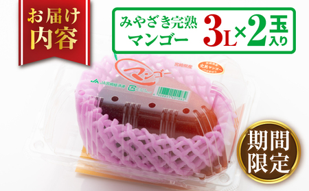 みやざき 完熟マンゴー 3L × 2玉 期間限定 数量限定 マンゴー 宮崎 フルーツ 果物 くだもの 国産 食品 先行予約 2026 令和8年発送 濃厚 デザート おやつ おすすめ 冷蔵 ご褒美 贅沢 おすそわけ ギフト 贈り物 贈答 日南市 送料無料_DA54-25
