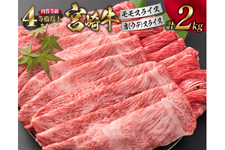 宮崎牛 モモ 肩ウデ スライス セット 合計2kg 牛肉 ビーフ 黒毛和牛 肉質等級4等級以上 国産 すき焼き しゃぶしゃぶ すきやき 焼肉 食品 ブランド牛 赤身肉 食べ比べ 贅沢 高級 ご褒美 お祝い 記念日 お取り寄せ グルメ おすすめ 宮崎県 日南市 送料無料_I13-191