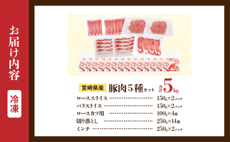 宮崎県産 豚肉 5種 セット (合計5kg) 国産 食品 ロース 豚バラ スライス 切り落とし ミンチ しゃぶしゃぶ 生姜焼き とんかつ ソテー 豚丼 ハンバーグ 餃子 個包装 小分け おすすめ おかず お弁当 晩ご飯 手軽 便利 ギフト 贈り物 冷凍 日南市 送料無料_DC33-25