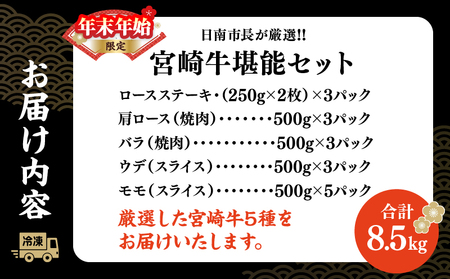 ≪年末年始限定≫日南市長厳選!! 宮崎牛 堪能 セット 合計8.5kg 期間限定 数量限定 肉 牛肉 ステーキ 焼肉 スライス すき焼き しゃぶしゃぶ ロース バラ ウデ モモ 大容量 黒毛和牛 国産 赤身肉 霜降り 食べ比べ 牛丼 おすすめ A4 A5 最高級 宮崎県 送料無料_AG4-25