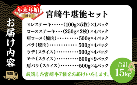 ≪年末年始限定≫日南市長厳選!! 宮崎牛 堪能 セット 合計15kg 期間限定 数量限定 肉 牛肉 ステーキ 焼肉 スライス すき焼き しゃぶしゃぶ ヒレ ロース バラ ウデ モモ 希少部位 大容量 黒毛和牛 国産 赤身肉 霜降り 食べ比べ 牛丼 おすすめ 宮崎県 送料無料_AR4-25