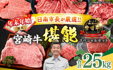 ≪年末年始限定≫日南市長厳選!! 宮崎牛 堪能 セット 合計25kg 期間限定 数量限定 肉 牛肉 ステーキ 焼肉 スライス すき焼き しゃぶしゃぶ ヒレ ロース バラ ウデ モモ 希少部位 大容量 黒毛和牛 国産 赤身肉 霜降り 食べ比べ 牛丼 おすすめ 宮崎県 送料無料_AW3-25