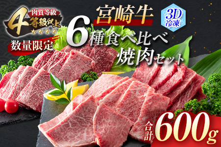 D45-21 ≪数量限定≫肉質等級4等級以上!!宮崎牛6種食べ比べ焼肉セット【3D冷凍】(合計600g)牛肉 牛 肉