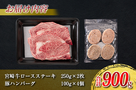 宮崎牛 ロースステーキ 2枚 豚ハンバーグ 4個 セット 合計900g 肉 牛 牛肉 黒毛和牛 国産 食品 ステーキ ロース おかず 送料無料_DC12-23