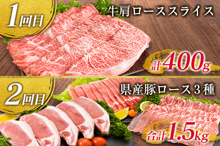 年末年始限定 5か月 お楽しみ 定期便 宮崎牛 ＆ 県産豚 セット 総重量5.9kg 肉 牛肉 豚肉 国産 5回 すき焼き しゃぶしゃぶ 牛丼 焼肉 黒毛和牛 和牛 スライス とんかつ用 切り落とし 肩ロース ウデ モモ おすすめ おかず お弁当 宮崎県 日南市 送料無料_JH1-24