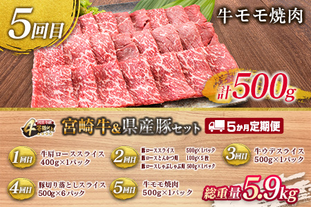 年末年始限定 5か月 お楽しみ 定期便 宮崎牛 ＆ 県産豚 セット 総重量5.9kg 肉 牛肉 豚肉 国産 5回 すき焼き しゃぶしゃぶ 牛丼 焼肉 黒毛和牛 和牛 スライス とんかつ用 切り落とし 肩ロース ウデ モモ おすすめ おかず お弁当 宮崎県 日南市 送料無料_JH1-24