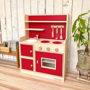 手作り木製玩具／ままごとキッチンデラックスタイプ（レッド） おもちゃ 手作り 木製おもちゃ