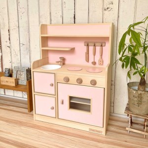 手作り木製玩具／ままごとキッチンデラックスタイプ（ピンク）