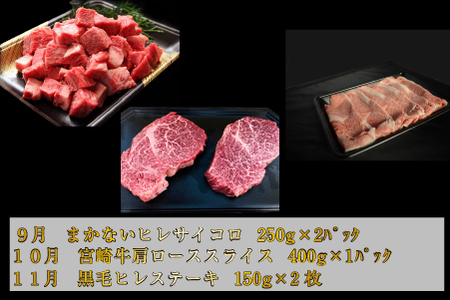 【お肉の定期便】百名店 雅 コース 全9回（牛肉 黒毛和牛 和牛 宮崎牛 モモ 赤身 サーロイン ロース ヒレ ステーキ 定期便） ステーキ 和牛ステーキ 牛肉ステーキ 国産ステーキ 定期便ステーキ