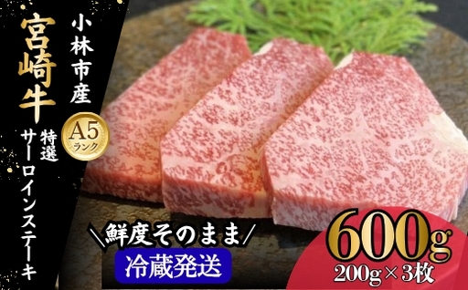 【新鮮チルド発送!!】A5等級宮崎牛特選サーロインステーキ 3枚 600g（黒毛和牛 牛肉 宮崎牛 A5 焼肉 ステーキ サーロイン 宮崎県）