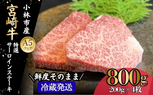【新鮮チルド発送!!】A5等級宮崎牛特選サーロインステーキ 4枚 800g（黒毛和牛 牛肉 宮崎牛 A5 ステーキ サーロイン 焼肉 宮崎県）