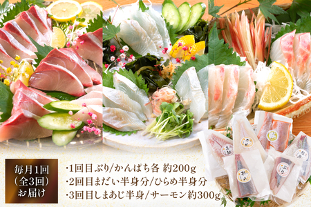 刺身 柵 旬のお刺身 3ケ月 定期便 2魚種 食べ比べ [請関水産 宮崎県 日向市 452061456]