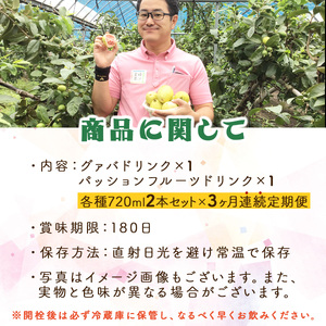 KU104 【定期便・全3回】驚きの果実感！グァバ・パッションフルーツドリンク２本セット(各720ml)×3回【宮崎果汁】