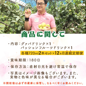 KU105 【定期便・全12回】驚きの果実感！グァバ・パッションフルーツドリンク２本セット(720ml×2本)×12回【宮崎果汁】