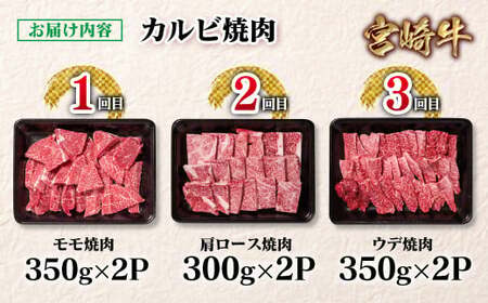 【定期便】宮崎牛カルビ焼肉3回　4等級以上　国産牛肉＜4.5-3＞Y