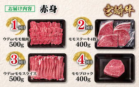 【定期便】宮崎牛  赤身4回定期便 焼肉・ステーキ・スライス・ブロック ブランド牛 A４～A5等級 内閣総理大臣賞4連覇＜4.4-4＞