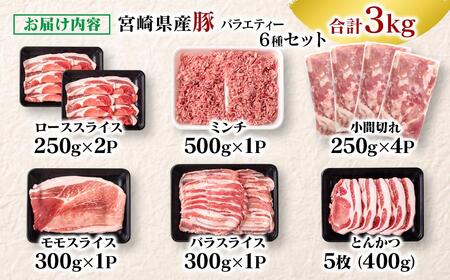 宮崎県産豚肉 6種 バラエティ3kgセット＜1.6-41＞小分け スライス 鍋 トンカツ 餃子等