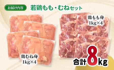 宮崎県産若鶏 もも肉 むね肉 合計8kg＜3.2-7＞