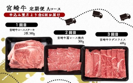 【6ヶ月定期便】宮崎牛Aコース 焼肉 すき焼き ステーキ等 ミヤチク　4等級以上　国産牛肉＜7-6＞