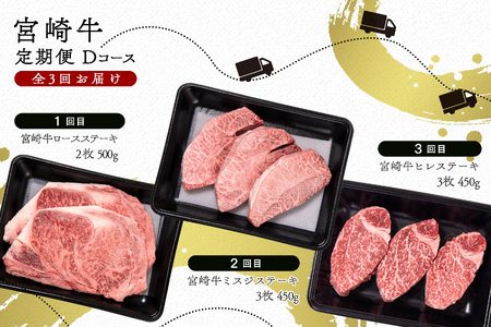 【3ヶ月定期便】ミヤチク　宮崎牛Dコース 　ステーキ定期便　4等級以上　国産牛肉＜8-1＞
