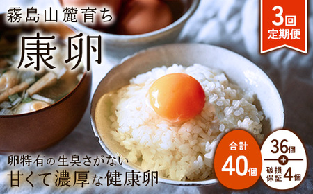 卵【3回 定期便】霧島山麓育ち こだわり卵 康卵 計40個（36個 + 割れ保証4個）3回 計 120個(108個 + 割れ保証 12個) )たまご 玉子 卵焼き 玉子焼き たまご焼き 生卵 鶏卵 たまごかけごはん 国産 九州産 宮崎県産 送料無料