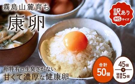 卵【わけあり】霧島山麓育ち こだわり卵 康卵 MSサイズ 計 50個（45個 + 割れ保証 5個）たまご 玉子 タマゴ 卵焼き 玉子焼き たまご焼き 生卵 鶏卵 平飼い 放し飼い たまごかけごはん 国産 九州産 宮崎県産 送料無料