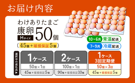 【3回定期便】卵【わけあり】霧島山麓育ち こだわり卵 康卵 Mサイズ 計 50個（45個 + 割れ保証 5個）たまご 玉子 タマゴ 卵焼き 玉子焼き たまご焼き 生卵 鶏卵 たまごかけごはん 国産 九州産 宮崎県産 送料無料