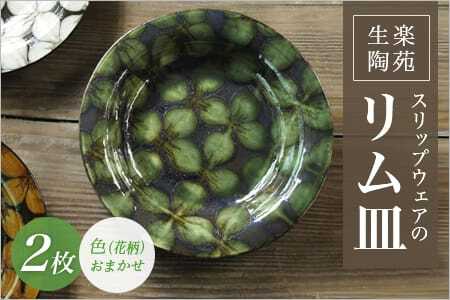 スリップウェアのリム皿 2枚 花柄、色おまかせ 国産 日本製 陶芸品 工芸品 陶器 食器 お皿 うつわ 汁物 取り皿 スープ 電子レンジ可能 日用品 ギフト 贈り物 プレゼント 父の日 母の日 おしゃれ
