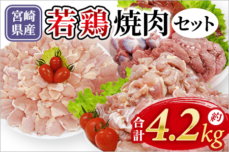 宮崎県産若鶏焼肉セット 約4.2kg 国産 鶏 肉 精肉 モモ もも肉 使いやすい パック 真空冷凍 切り身 選べる数量 お弁当 惣菜 からあげ 照り焼き 数量限定 BBQ バーベキュー セセリ せせり レバー 砂肝 肝 てば 手羽中 小分け