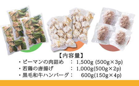 国産素材のお惣菜Ａセット計3.1kg (ピーマン肉詰め ハンバーグ 唐揚げ) 九州産コスパ・ボリューム満点 使いきりサイズ  TF0776-P00064